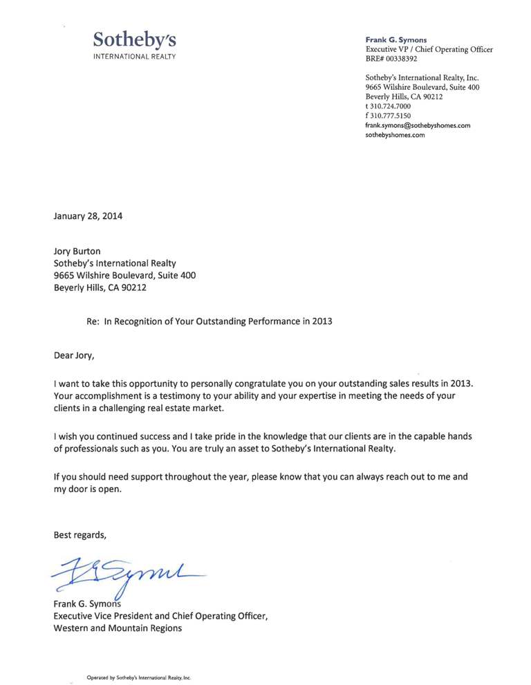 Letter of Recognition from Sotheby's Exec VP and COO, Frank Symons, for Outstanding Performance in 2013