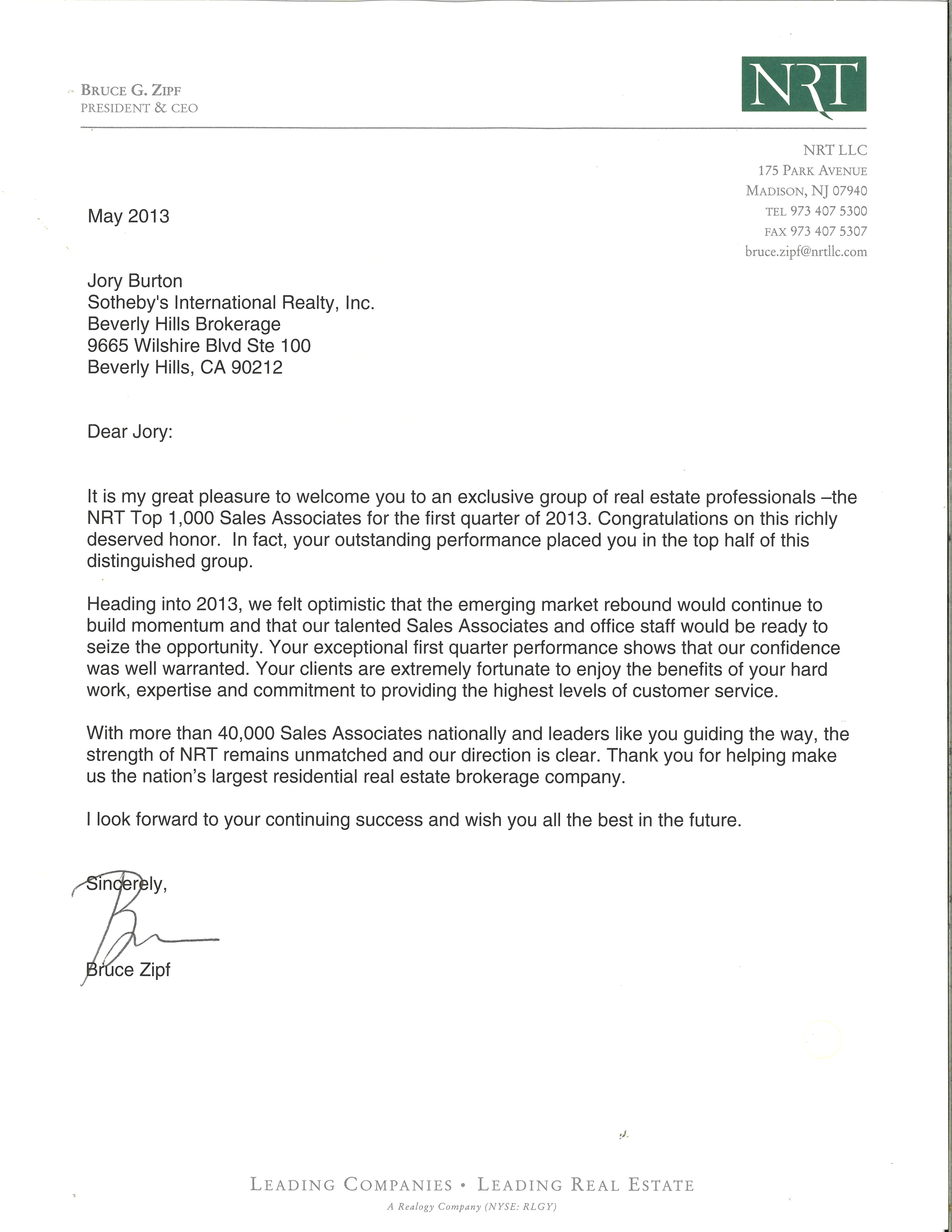 Letter of recognition for being in the top 500 agents nationwide